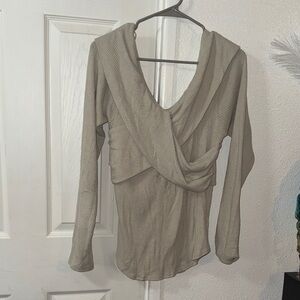 Free People Taupe Ribbed Wrap Blouse